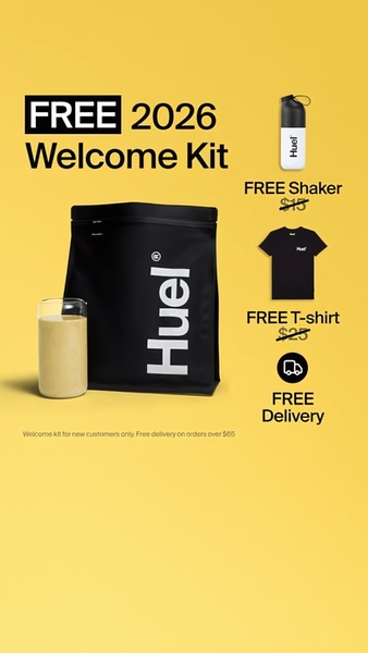 A high-contrast, minimalist promotional graphic showcasing a meal replacement shake powder, shaker, and t-shirt as a free welcome kit for new customers.
